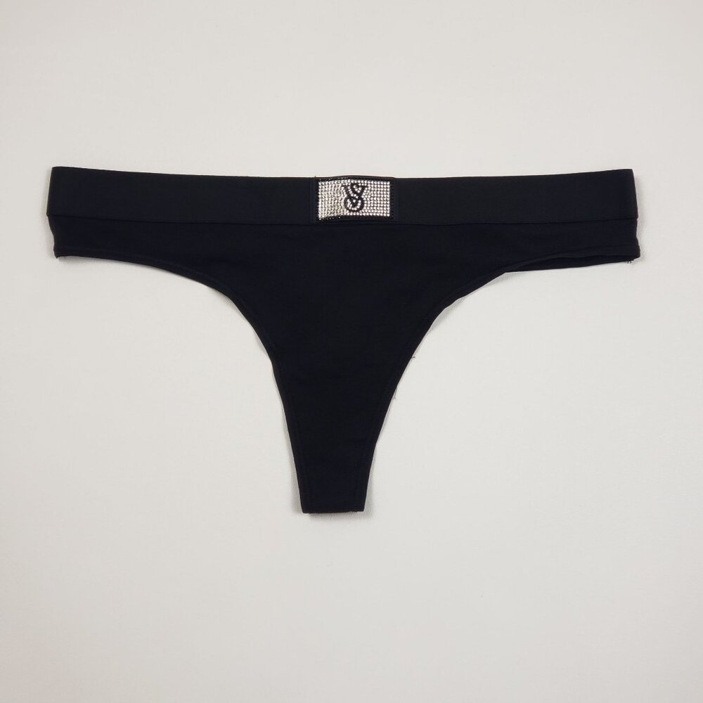 Victoria's Secret Shine Patch Thong Panty Womens Medium Black Rhinestone VS Logo